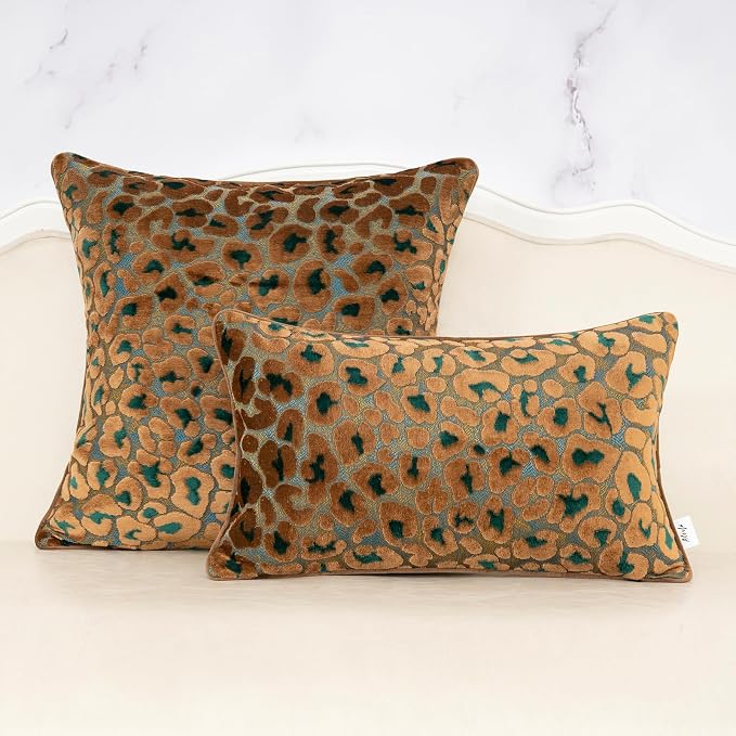 Alerfa Green Brown Floral Throw Pillow Cover 12 x 20 Inch Cut Velvet Rectange Luxury Decorative Lumbar Pillow Cover for Couch Living Room Bedroom