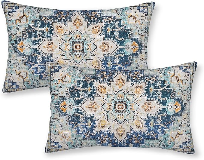 AEIOAE Boho Pillow Covers 12x20 Inch Set of 2,Carpet Pattern Throw Pillows Case,Blue Yellow Ethnic Design Outdoor Decorative Square Linen Farmhouse Decor Cushion Covers for Home Sofa Bed Couch