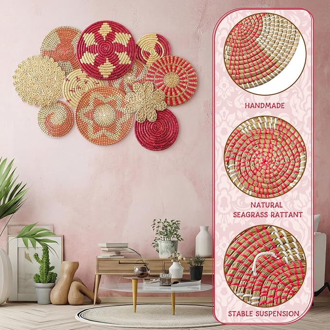 Tatuo 11 Pcs Boho Wall Basket Decor Bulrush Woven Wall Hanging Art Round Farmhouse Rustic Handmade Wicker for Summer Home, Bedroom, Living Room, Kitchen Decorations, Multi Sizes(Pink)