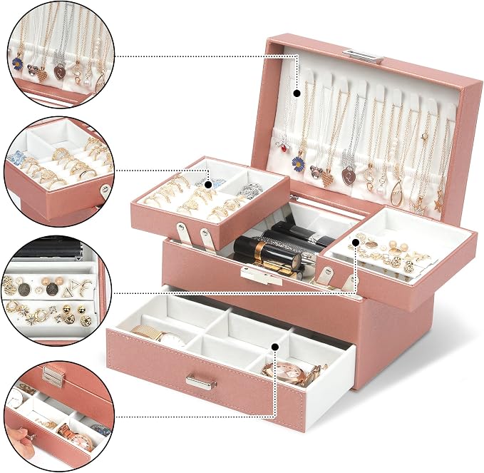 Jewelry Organizer Box, Large Jewelry Boxes for Women Girls, Space-Saving 3 Layers Jewelry Storage Case with Drawer, Movable Metal Stand, Modern, Gift Idea (Champagne)
