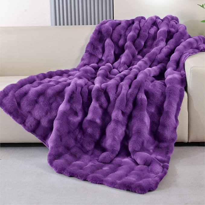 Purple Faux Fur Throw Blanket for Couch, Double-Sided Bubble Textured Plush Blanket with Soft Flannel Back, Decorative Throw for Sofa or Bed, Machine Washable, 50x60 Inches, 860 GSM