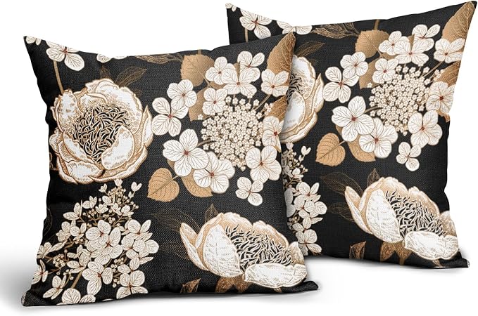 Vintage Flowers Pillow Covers 22X22 Inch Set of 2 White Floral Gold Leaves Botanical Decorative Pillow Cases Rustic Black Cotton Linen Cushion Case Farmhouse Home Decor for Sofa Couch Living Room