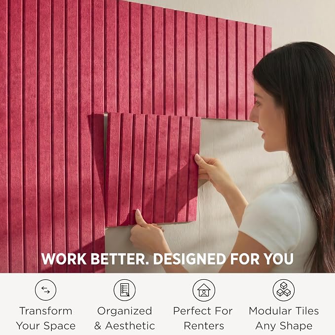 Felt Bulletin Board Tiles 48"x36" - 12-Pack Cork Board Alternative, Oeko-TEX Certified, NRC 0.95 Acoustic Wall Panels, Damage-Free Adhesive, Slatted Design, Home Office & Classroom (Burgundy)