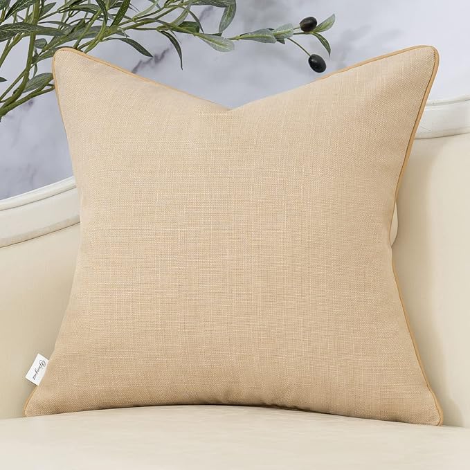 Patchwork Pillow Cover 18x18 Inch Luxury Cotton and Linen Cushion Cover Square Pillowcover for Couch Bedroom Living Room, Khaki