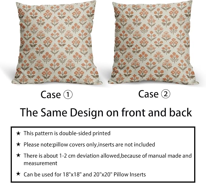 Brown Orange Floral Block Print Pillow Covers 18x18 Inch Set of 2, Vintage Flower Pattern Decorative Throw Pillowcases Outdoor Farmhouse Cushion Covers Spring Summer Rustic Sofa Couch Bed Decor