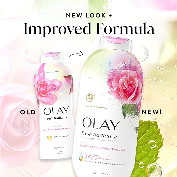 Olay Body Wash for Women, Fresh Radiance, 24/7 Skin-Loving Freshness, Visibly Radiant, Plant Based Cleansers, Vitamin B3 & Antioxidant Blend, All Skin Types, Rose Water & Sweet Nectar Scent, 22 fl oz