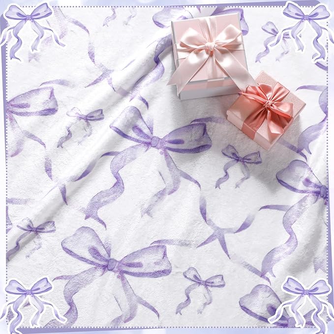 Purple Bow Throw Blanket 50"x60" Soft Flannel for Girls Women | Coquette Aesthetic Decor with Ruffled Edges, Ultra Plush Bed Sofa Blanket, Preppy Gift for Teens, Back to School Dorm Room