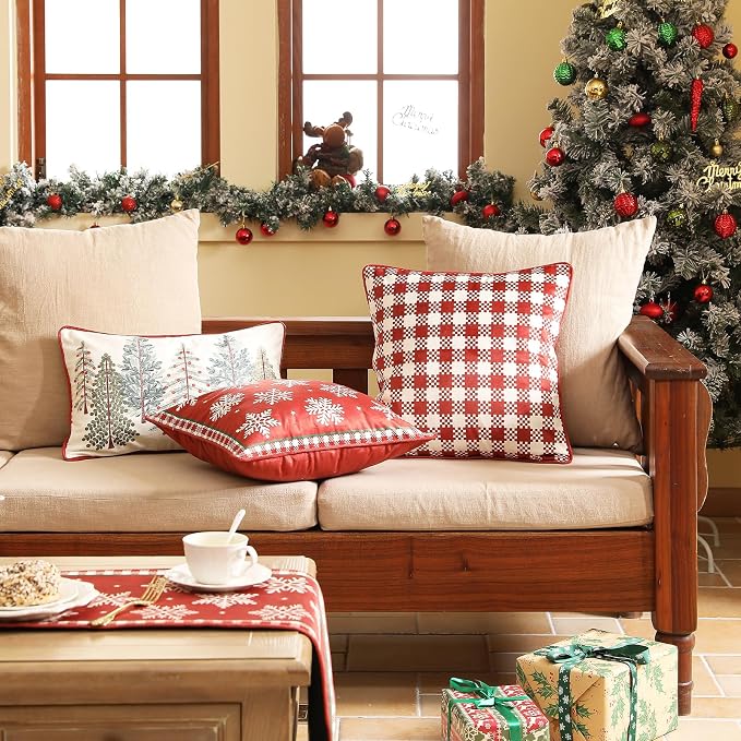 French Chrismas Velvet Throw Pillow Cover,Set of 4-Carol ABCF | Vintage Elegant Pillow Cover,Concealed Zipper Design,Pinecones Pattern,Sofas,Bedroom,Living Room,Lounge Chairs