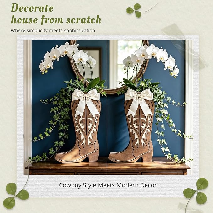 2 Pcs Wood Cowboy Boot Wall Vase - Western Rustic Home Décor | Sturdy wood planter for faux flowers. Suited for bedroom, kitchen, living room. Easy hang. Works farmhouse, country, cabin
