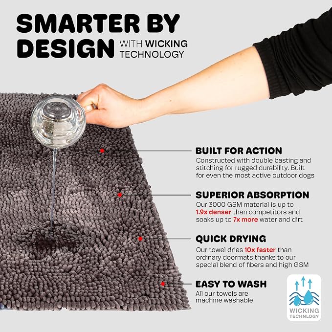 Dog Gone Smart Dirty Dog Doormat Runner - Grey, 60 x 30 Inches | Fast Drying Rug with Super Gripper Backing for Clean Floors - Absorbent Microfiber and Machine Washable Mat for Muddy Paws