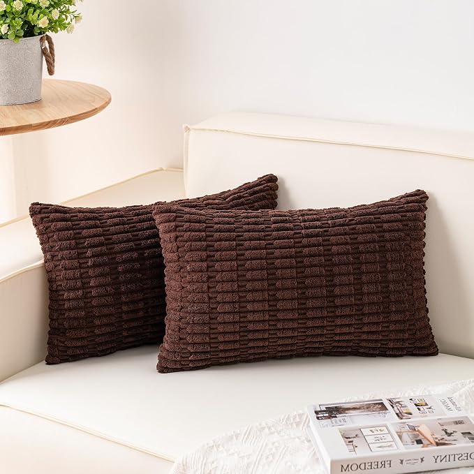 Pack of 2 Corduroy Decorative Throw Pillow Covers 12x24 Inch, Dark Brown | Fall Soft Striped Pillow Covers Modern Farmhouse Home Decor Christmas Throw Pillow Covers for Sofa Living Room Couch Bed