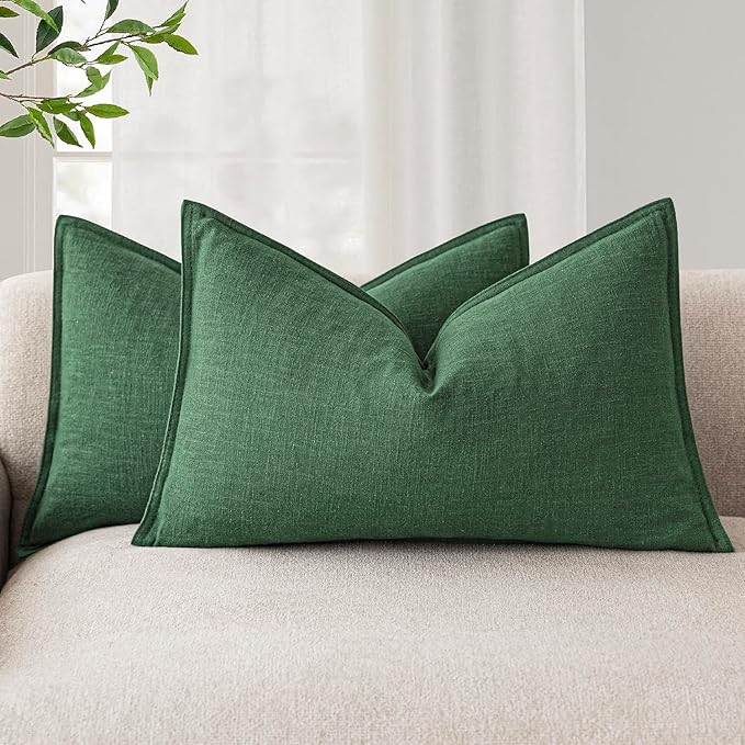 Foindtower Pack of 2, Decorative Linen Solid Throw Pillow Covers Soft Accent Lumbar Cushion Case Boho Farmhouse Pillowcase for Chair Couch Sofa Bedroom Living Room Home Decor 12 x 20 Inch Pine Green