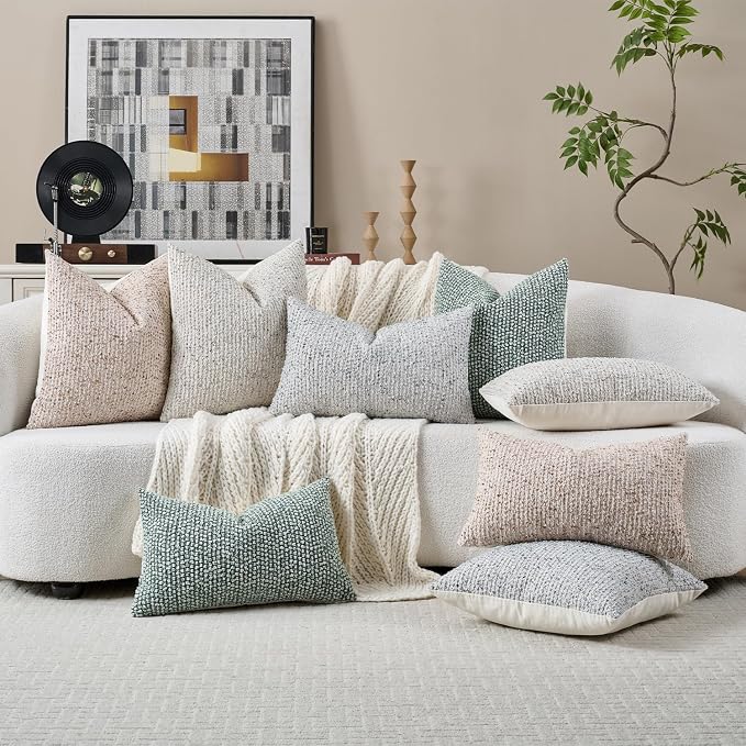 26x26 Cream Grey Euro Sham Pillow Cover Striped Textured Boucle Chic Morden Boho Accent Farmhouse Square Decorative Couch Throw Pillow Cover for Home Decor Bed Sofa Living Room