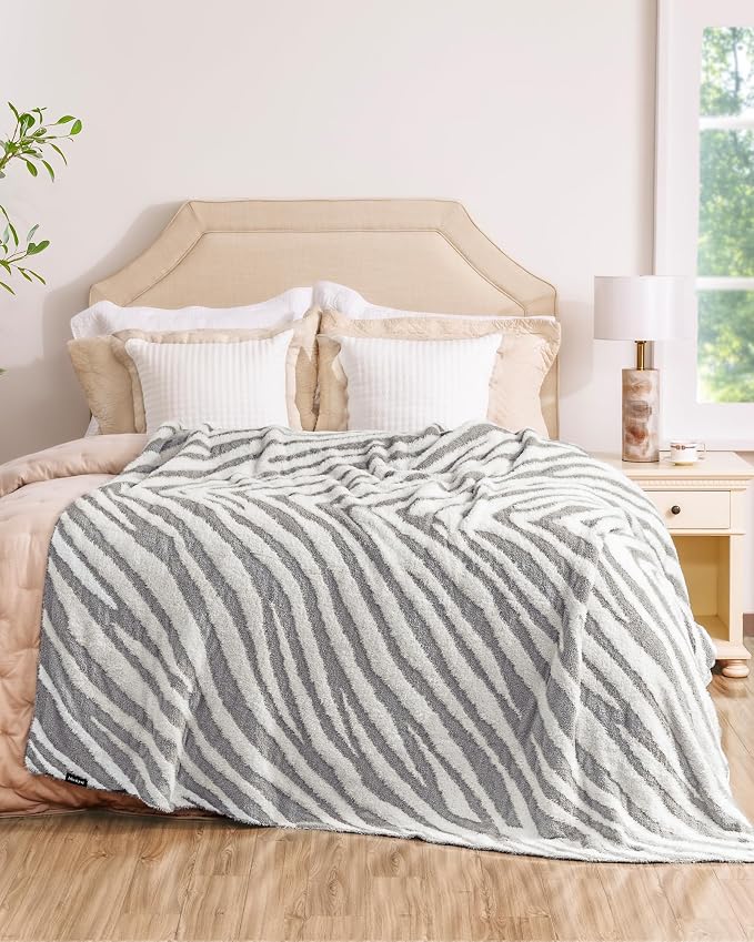 Knit Throw Blanket for Couch, Soft Cozy Fluffy Knitted Blanket for Sofa, Bed, Gift for Women Girls Home Decor (Zebra-Light Gray, Twin 60"x80")