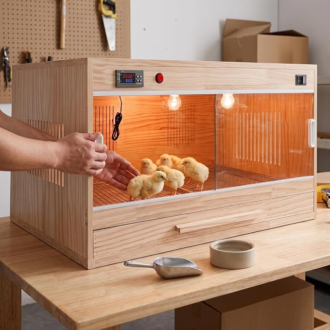 Wooden Box for Chicks and Small Animals – Pet Breeding Box with Tray and Sliding Glass Door, Smart Thermostatic, 50x30x30 CM