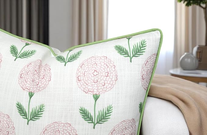 Marigold Floral Print 20x20 Throw Pillow Cover, Pink | Pink marigold floral on white slub, green piping; both sides printed; hidden zip; cover only