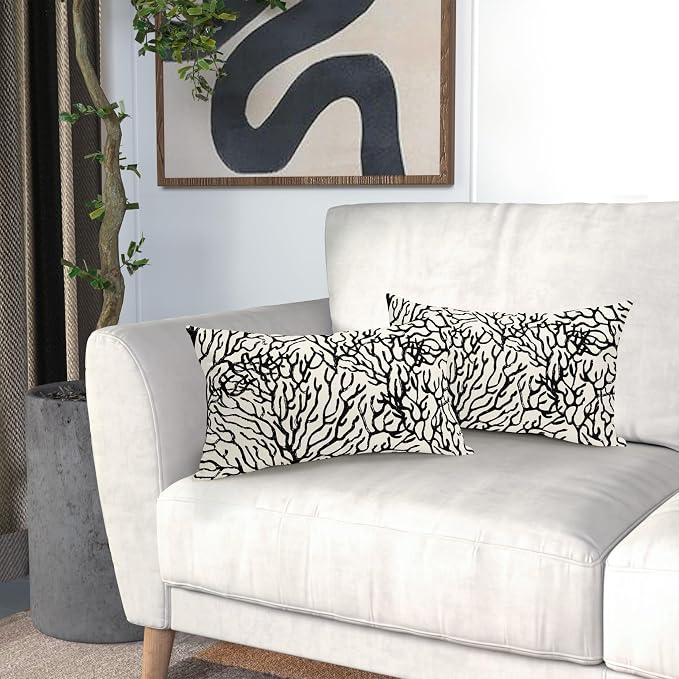 Nautical Coastal Coral Lumbar Pillow Covers 12x20 Inch Set of 2 Summer Ocean Beach Black White Decorative Pillow Cases Outdoor Linen Cushion Cover Farmhouse Decor for Bedroom Home Sofa Couch Bed