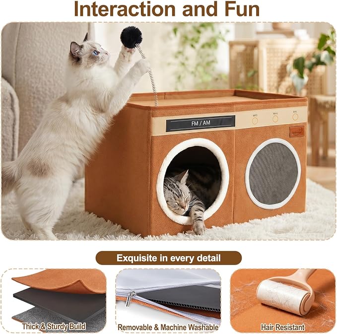 Retro Radio Cat House, Large Foldable Cat Bed Indoor Cat Cave | Spacious Multi-Cat Sleeping Hideaway Pet Nest, Non-Sticky Fur Fabric, Scratch Pad & Bendable Antenna Ball 13×19.7×15.8 Inches
