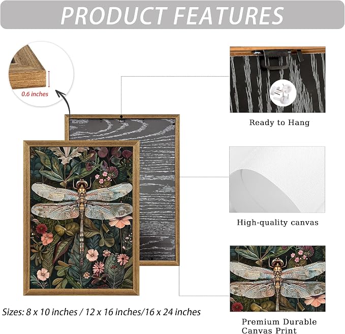 ICHZUMW Framed William Morris Vintage Dragonfly Canvas Wall Art 16x24 In | Dark Green Botanical Prints, Antique Aesthetic Wildflower Wall Decor for Bedroom Living Room Bathroom Office, Ready to Hang