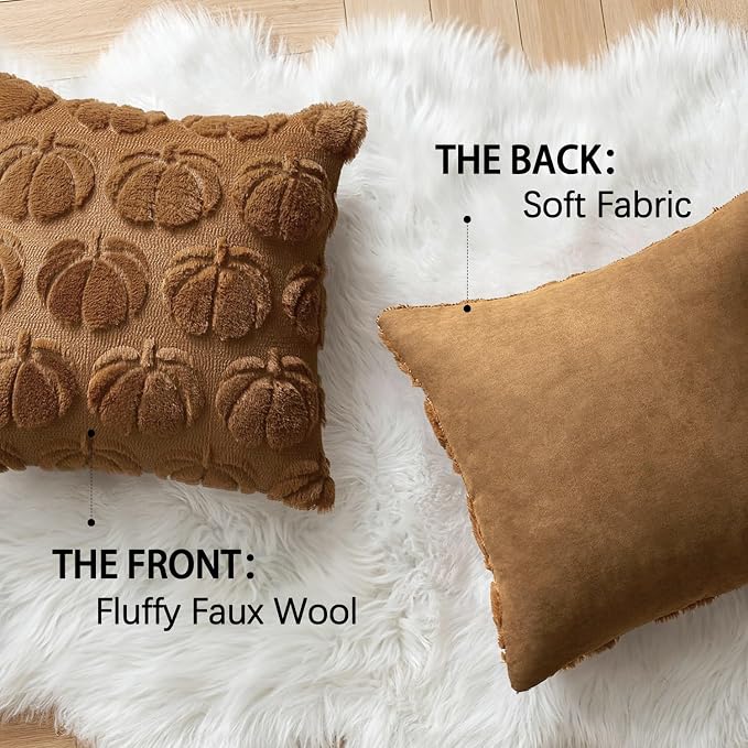 MIULEE Fall Pillow Covers Pumpkin Fall Decor 20x20 Brown | Set of 2 Fall Decorations for Home, Plush Faux Fur Farmhouse Accent Pillowcases, Porch Sofa Couch Cushion Bed Livingroom