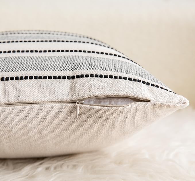 Cethom Decorative Boho Throw Pillow Covers, Farmhouse Textured Pillow Case, 20 x 20 Inch Set of 2, Chair Sofa Bedroom Living Room Home Decor Couch Cushion Case, Black and Beige Striped