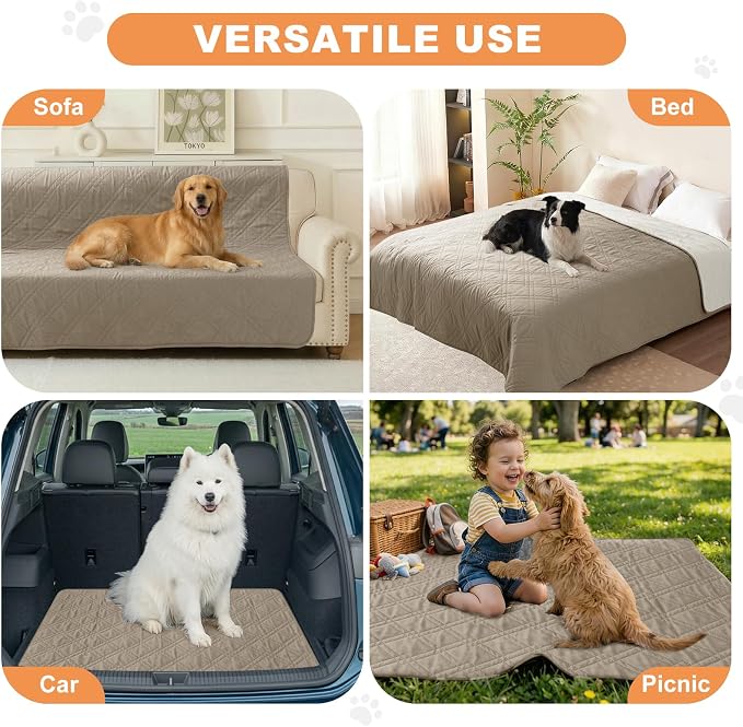 100% Waterproof Washable Dog Blanket, Khaki+Off White, 30"x71" | ,7-Layer Reversible Couch Covers for Dogs Met for Sofa Furniture Car Camping