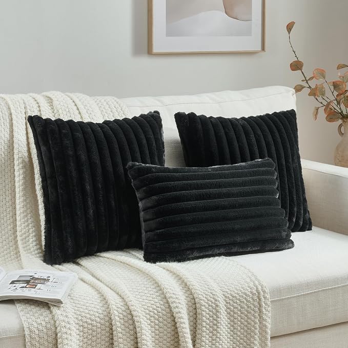 FUTEI Pack of 2 Faux Fur Throw Pillow Covers 12x20 Inch, Black | Fluffy Faux Rabbit Fur Front/Premium Velvet Back,Hidden Zipper,Machine Washable,Non-Shedding,Colorfast,Insert Not Included.