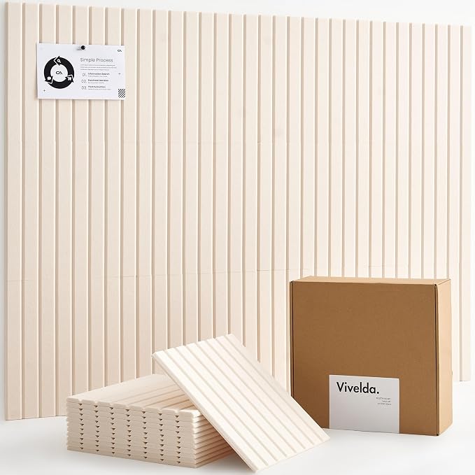 Felt Bulletin Board Tiles 48"x36" - 12-Pack Cork Board Alternative, OEKO-TEX Certified, NRC 0.95 Acoustic Felt Wall Panels, Damage-Free Adhesive, Slatted Design Home Office & Classroom (Linen)