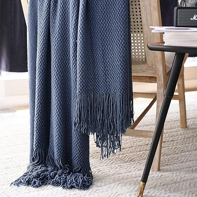 LOMAO Knitted Throw Blanket with Tassels Bubble Textured Lightweight Throws for Couch Cover Home Decor (Navy, 60x80)