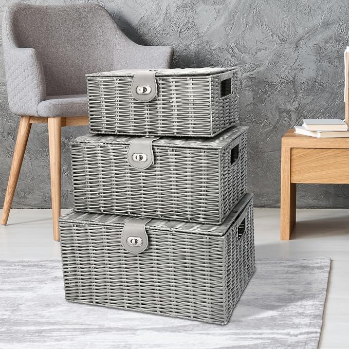 Honygebia Grey Wicker Storage Baskets - Set of 3 Decorative Nesting Boxes with Lids, Woven Basket with Lock & Handle, Organizer for Beauty Makeup Bathroom Decor