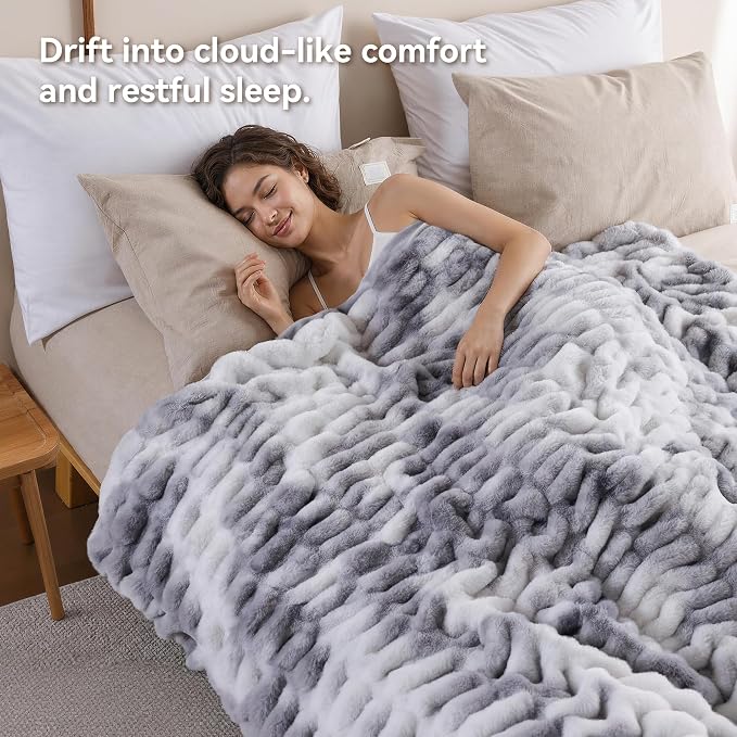 Tie Dye Grey Fluffy Blanket for Couch - Faux Rabbit Fur 60"x80" | Ultra Soft & Plush Comfort Ruched Blanket, Cozy Fuzzy Fleece Throw for Sofa, Bed & Office, Gift for Women, Grey Room Decor