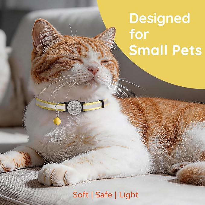 Breakaway Cat Collar QR Code, Reflective Bell, Adjustable Kitten, Yellow