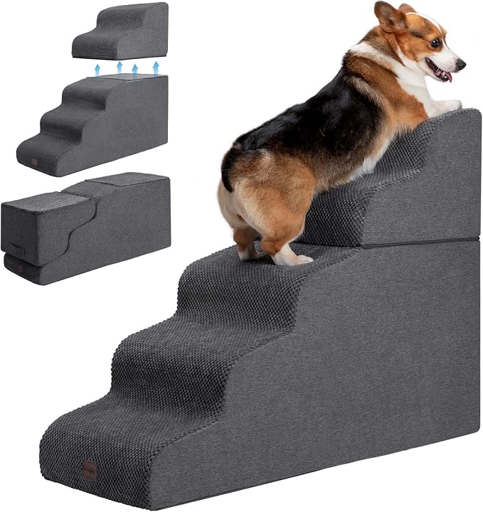 Garnpet Dog Stairs for High Beds, 5-Step Dog Steps for Small Dogs and Cats, Foldable Pet Stairs for High Bed Climbing, Non-Slip Balanced Pet Step Indoor, Dark Grey