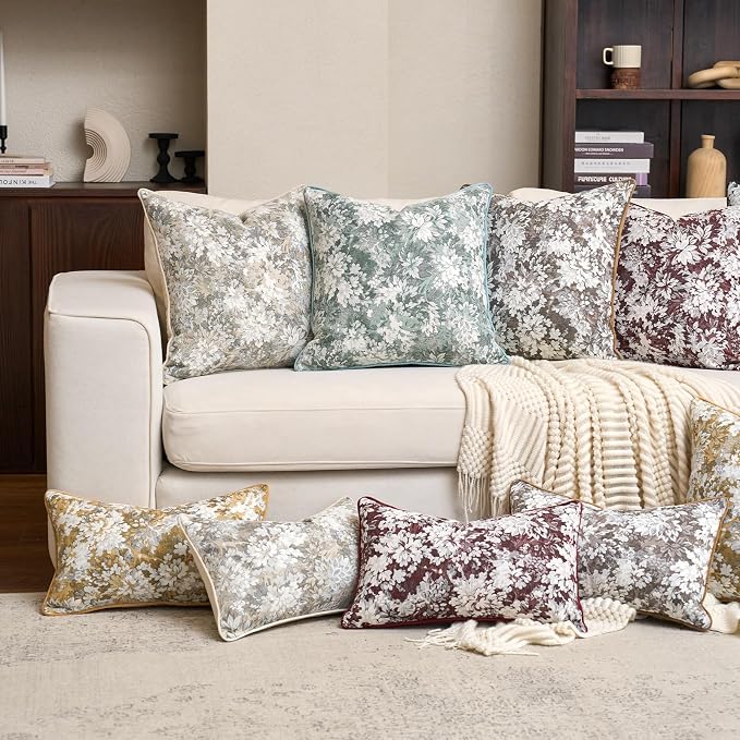 Alerfa Brown Neutral Floral Pillow Cover 12 x 20 Inch, Vintage Chenille Rectangle Couch Pillow Cover Soft Decorative Farmhouse Accent Pillowcase for Living Room Bedroom