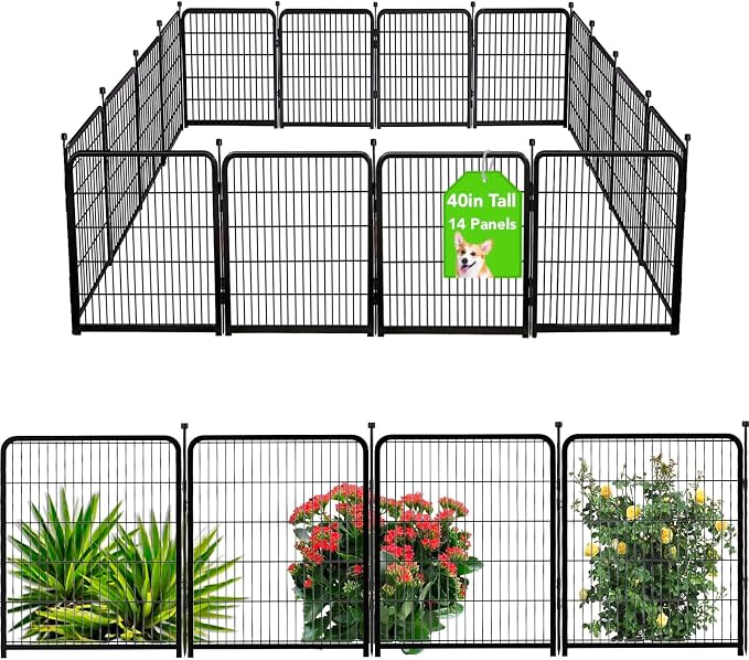 Getlay Garden Fence 40 Inch 14 Panels Without Gate, Total 31 Ft(L) Garden Fence for Yard and Dog, Black Dog Pen Wide Door, Metal Dog Pen Heavy Duty Pet Puppy Exercise Pen for Rv Camping
