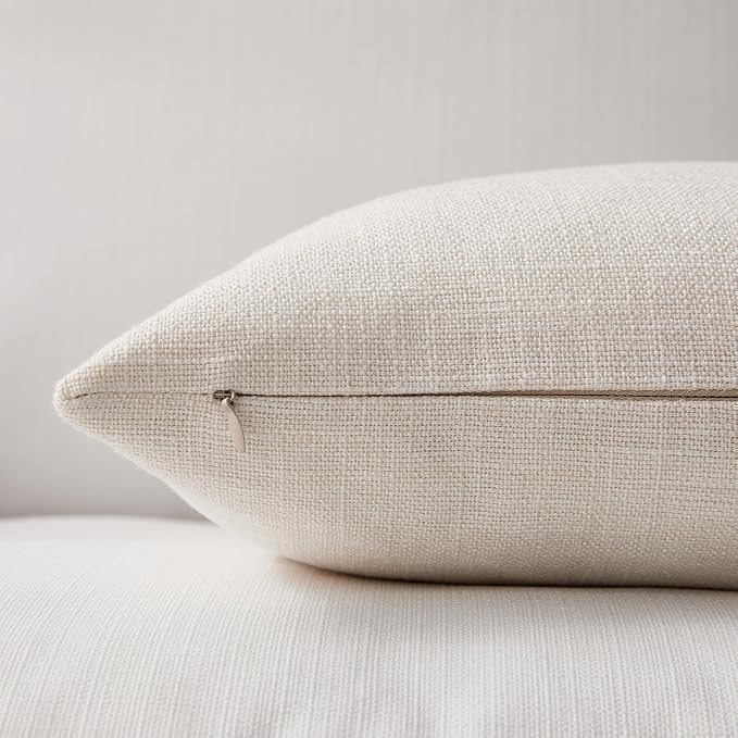 Meekio Set of 2 Ivory Throw Pillow Covers 22x22, Modern Farmhouse Linen Blend Decorative Pillow Covers for Couch Sofa Bed, Neutral Home Decor