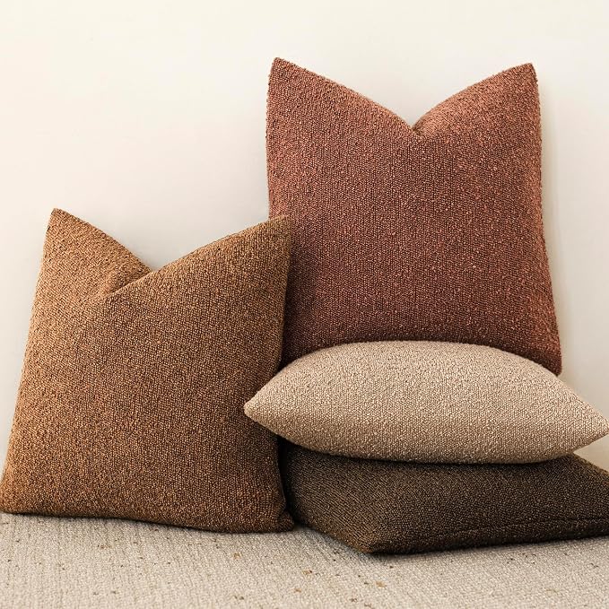 Foindtower Set of 2, Decorative Textured Boucle Throw Pillow Covers Accent Solid Pillow Cases Neutral Soft Cozy Couch Cushion Case for Chair Sofa Bedroom Living Room Home Decor 26x26 Inch Hazel Brown