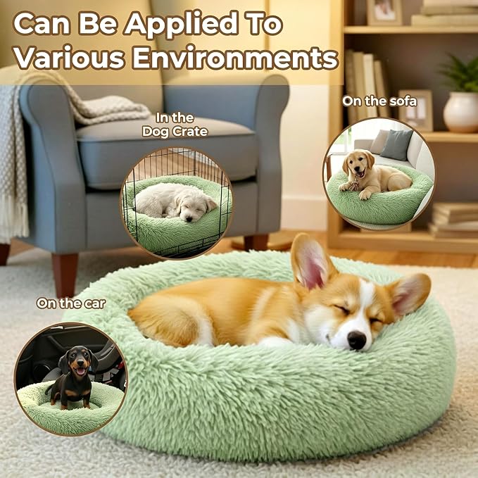 Calming Donut Dog and Cat Bed for Indoor Cats, Anti-Anxiety Round Fluffy Soft Washable Small Pet Bed for Puppy and Kitten, Warming Comfortable Luxury Anti-Slip Waterproof Mute Base 20in Green