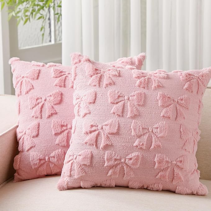 Mixweer Dark Pink Bow Pillow Covers Set of 2 Preppy Room Decor Coquette Cute Spring Summer Decorative Faux Fur Soft Bowknot Stuff Fluffy Plush Aesthetic Pillowcase for Bed Sofa Couch (18 x 18 Inch)