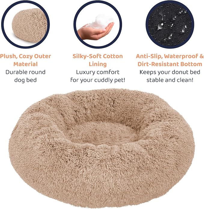 Donut Dog Bed - Premium Comfort for Anxiety Relief - Fluffy & Calming Design with Ultra-Plush Support | Cozy Round Dog Bed with Super Soft Circle Style (Camel, Small)