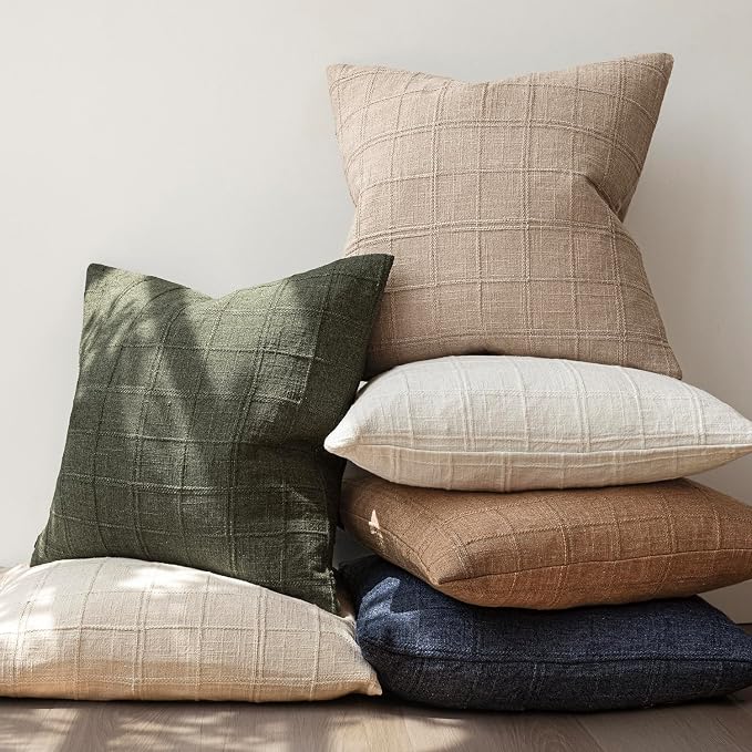 Foindtower Set of 2 Decorative Linen Check Throw Pillow Covers Neutral Farmhouse Vintage Cushion Covers Modern Coastal Boho Home Decor for Sofa Chair Couch Bedroom Living Room,18×18 Inch,Camel