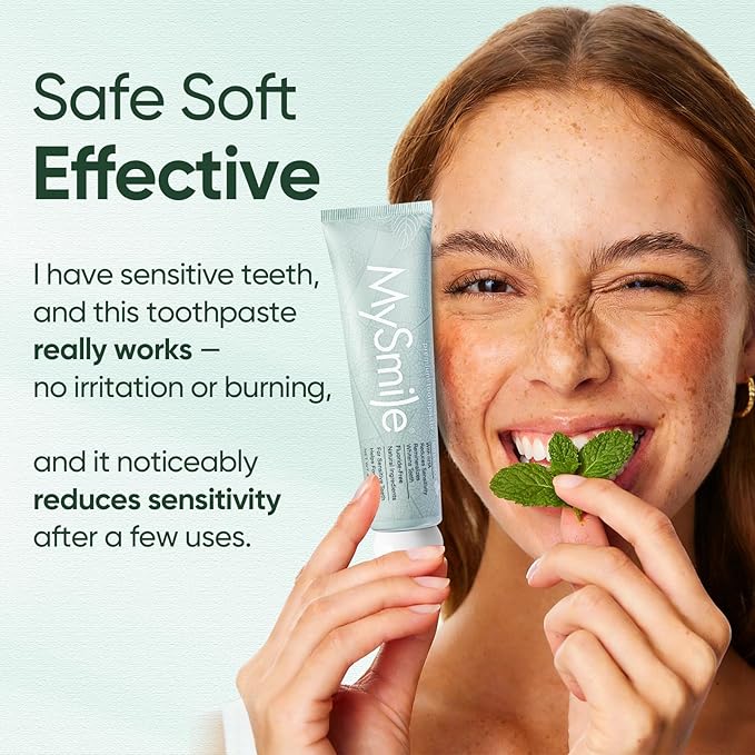 MySmile Fluoride Free Nano Hydroxyapatite Toothpaste for Sensitive Teeth, Strengthens Enamel, Remineralizes & Whitens Teeth, Freshens Breath for Adults, SLS Free, Misty Mint, 4.2 oz
