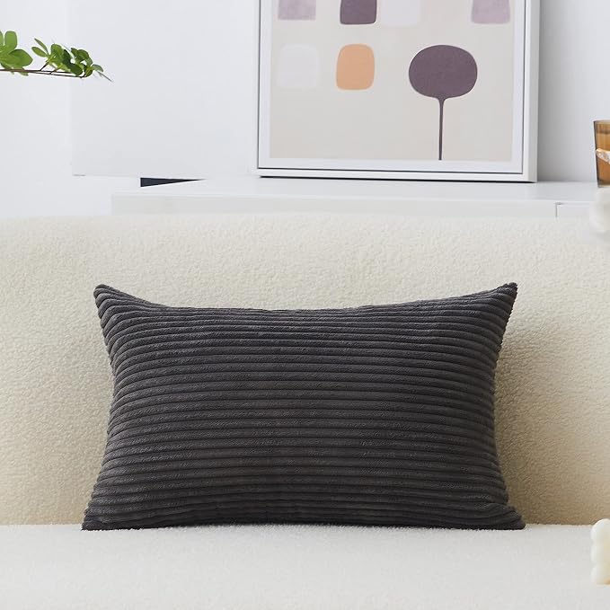 Home Brilliant Decorative Pillow Cover 12x20 Plush Striped Velvet Corduroy Oblong Pillowcase Accent Cushion Cover, 12 x 20 inch (30x50 cm), Dark Grey