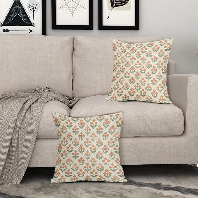 Orange Green Floral Block Print Pillow Covers 20x20 Inch Set of 2, Vintage Flower Pattern Decorative Throw Pillowcases Outdoor Farmhouse Cushion Covers Spring Summer Rustic Sofa Couch Bed Decor