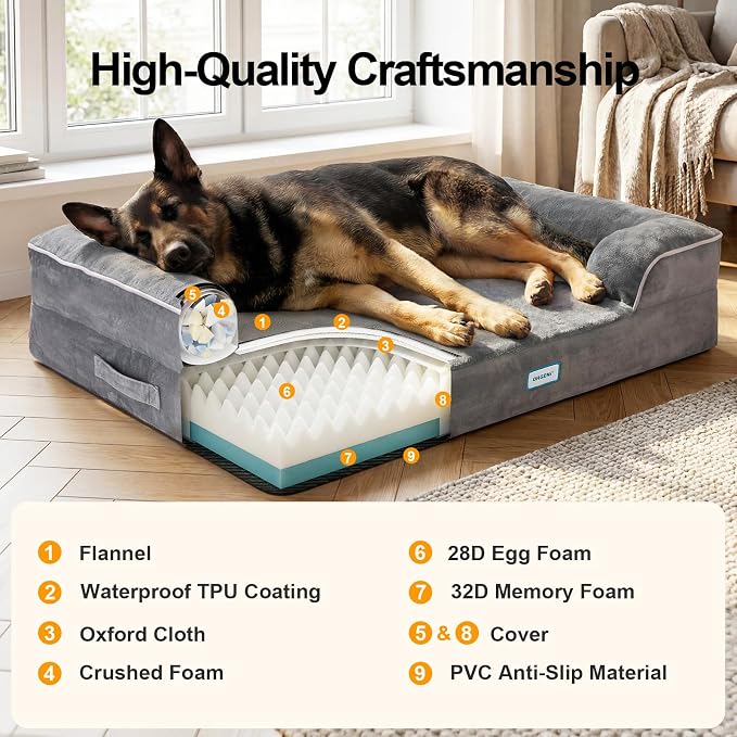 OhGeni Orthopedic Extra Large Dog Bed Couch,44x29x5.5Inch,Memory Foam(Gray) | Waterproof Pet Bed with Machine-Washable Removable Cover & Soft Comfortable Fabric