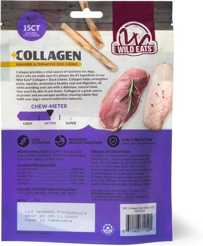Wild Eats Real Duck Collagen Retriever Bully Sticks for Dogs, 15 Count Pack (Pack of 3)
