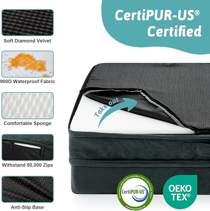 COZY KISS Orthopedic Dog Bed for Extra Large Dogs, L Shaped XL 44x32 inch | Non-Slip Bottom Soft Pet Sofa with Washable Removable Waterproof Cover, Egg-Crate Foam Couch with Portable Handle, Black