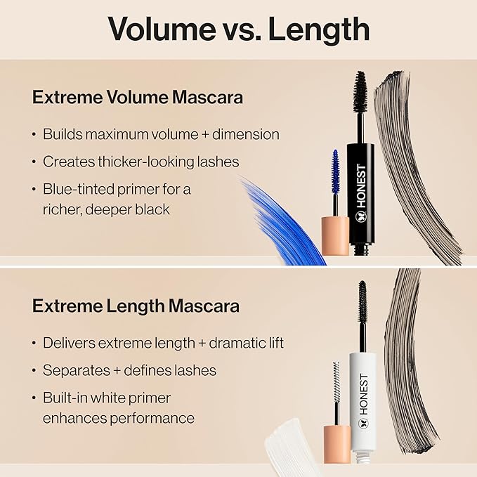 Honest Beauty 2-in-1 Extreme Volume Clean Mascara, Bold Lash Primer with Castor Oil, Maximum Curl, Vegan, Safe for Sensitive Eyes, Black, .27 fl oz