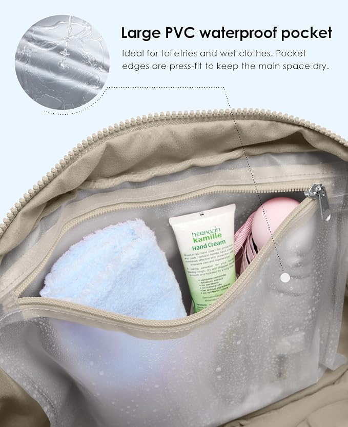 Gym Bag for Women, Travel Duffle Bags with Wet Pocket, Lightweight Carry on Bag Overnight Weekender Duffel Bag, Water Resistant (Khaki Ash)