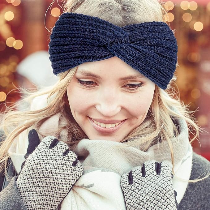 Whaline 5 Pieces Winter Knit Headbands Chunky Knit Headbands,4 Elastic Turban Head Wraps and 1 Pearl Crochet Hair Band, Ear Warmer Crochet Head Wraps for Women Girls (Bright & Dark Colors)